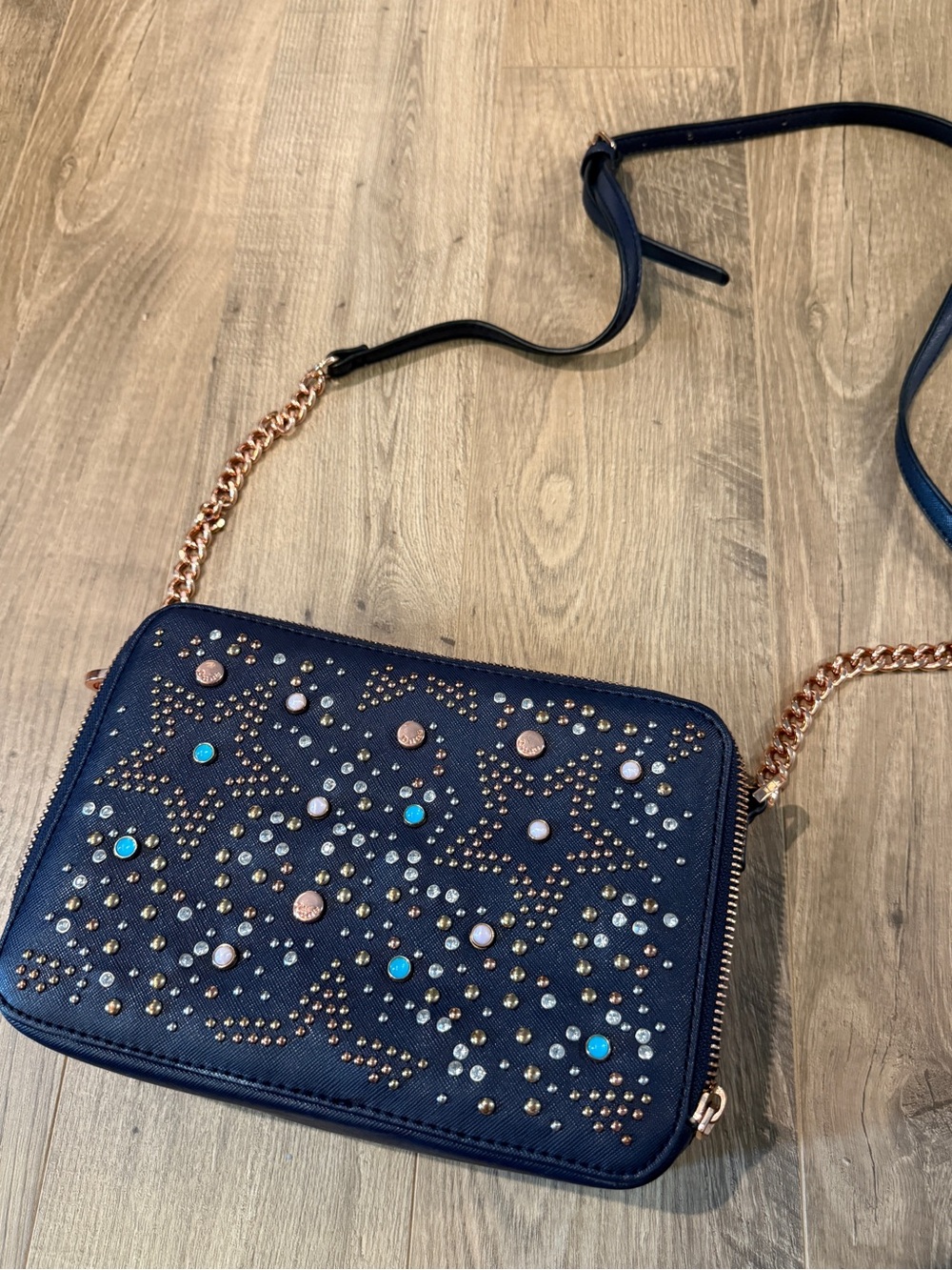 Dune London Navy Crossbody Bag with Rose Gold Chain & Studs
